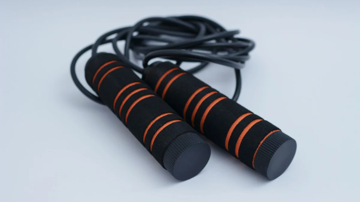 Een minimalistische close-up van een zwart en oranje fitnessspringtouw op een schone witte achtergrond.