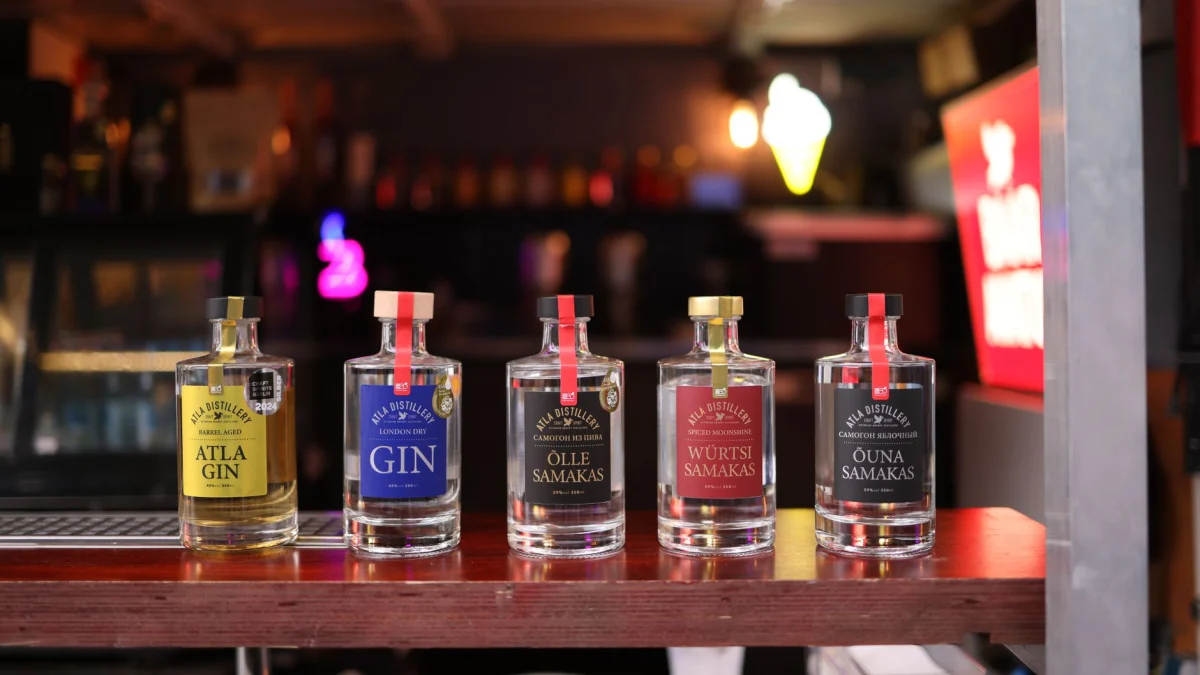 Een assortiment gin en op smaak gebrachte sterke dranken tentoongesteld op een stijlvolle bardepot.