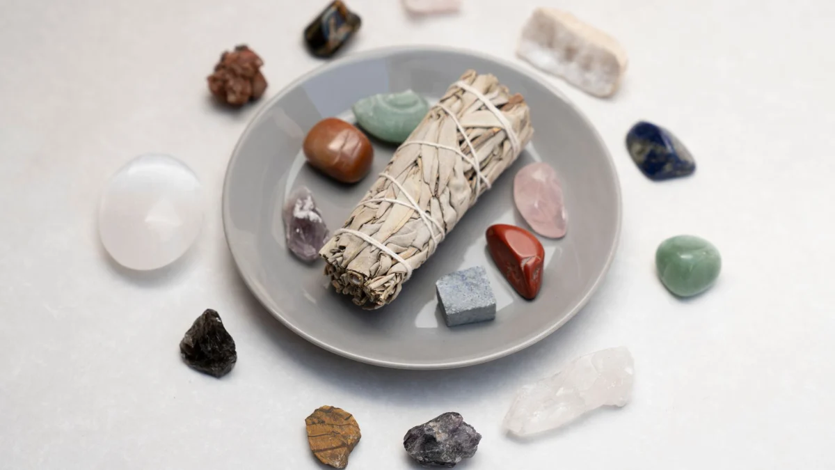 Keramisch bord met salie smudge stick en geneeskrachtige kristallen voor spirituele rituelen.